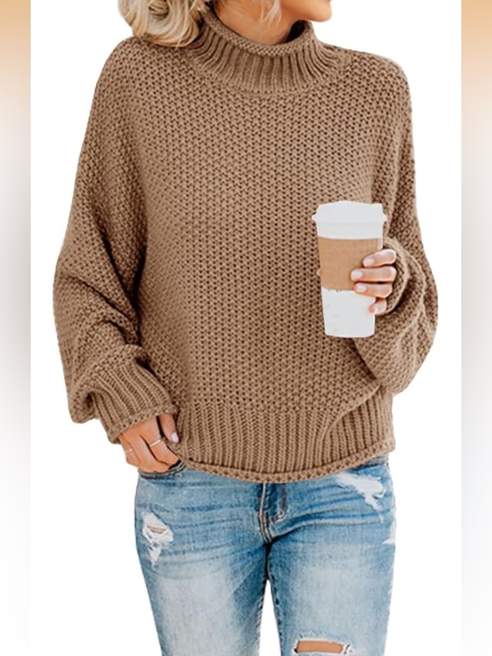 Chunky Knit Crewneck Sweater in Camel - Large
